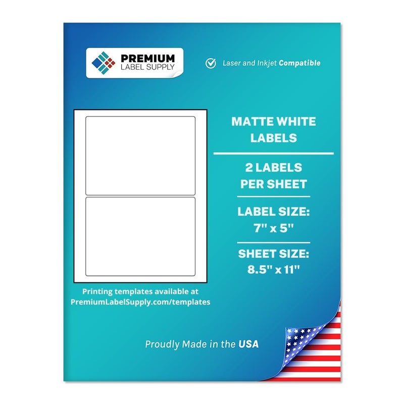 Premium Label Supply White Sticker Shipping Labels - 7 "" x 5 "" - Laser/Inkjet Compatible - (2 per Sheet), 100 Sheets - 200 Total Adhesive Labels - Image 1